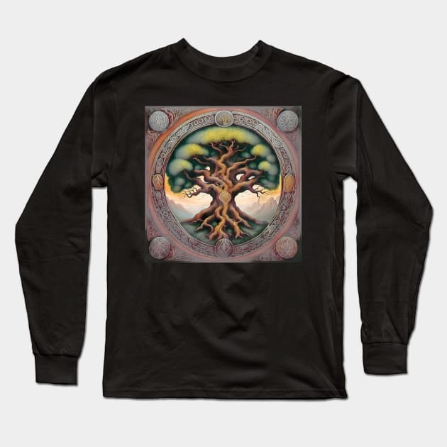 Aged Illustration of Yggdrasil Viking World Tree Long Sleeve T-Shirt by LittleBean